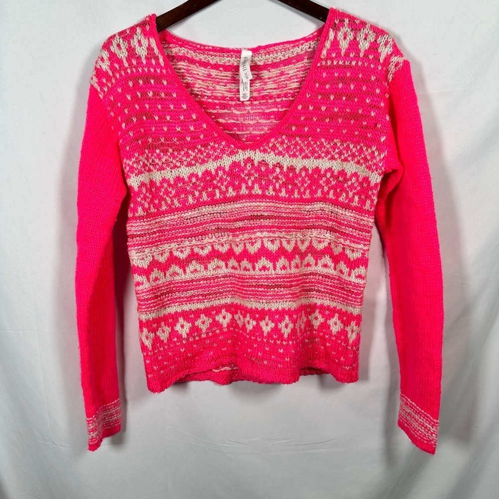 Aeropostale Barbiecore Pink Fair Isle Knit V-Neck Sweater M Lightweight Y2K - Picture 2 of 8